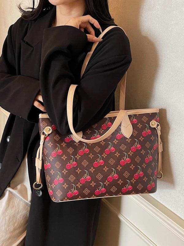 Cherry Print Denim Handbag - High-Quality, Large Capacity Commute Tote Shoulder Bag, 2025 Fashion.