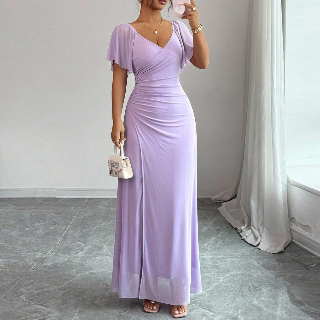 Damesmode V-hals Vliegende Mouw Split Avondjurk Jurk