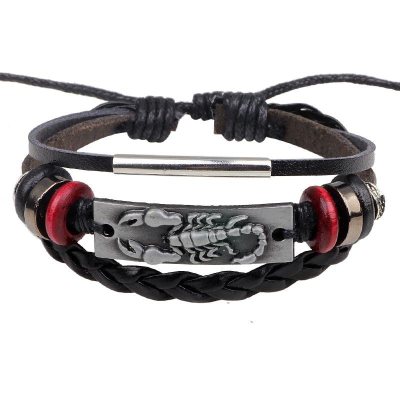 JMXD Genuine Leather Scorpion Charm Braided Wax Cord Adjustable Stretch Bracelet Punk Fashion Accessory Unisex Gift