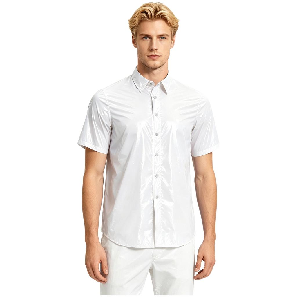 Men‘s Waterproof Button Front Shirt Short Sleeve Wet Look T-Shirt for Rainy Days Beach Club Camping Fishing