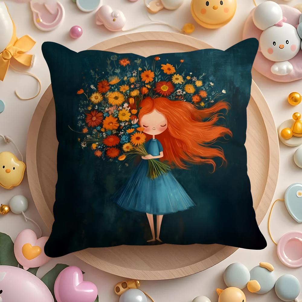 The girl is holding flowers Cushion Cover Short Plush DoubleSided Printing Home Machine Washable in Warm Winter Pillow Cover
