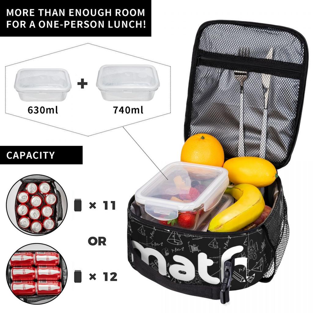 Math Themed Black And White Equation Design Insulated Lunch Bag for Women Children Portable Food Boxes Thermal Lunch Box Tote