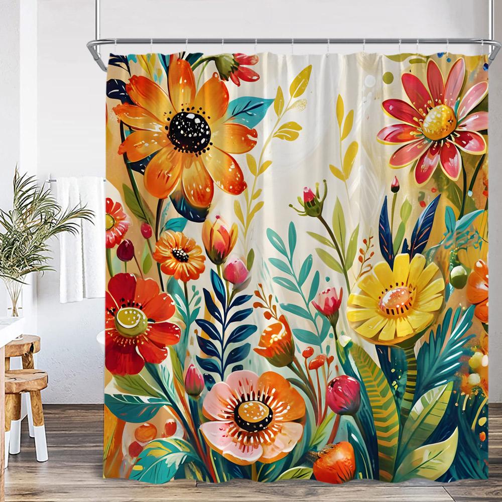 Colorful Boho Floral Shower Curtain Oil Painting Flowers Green Leaf Plant Spring Bathroom Decor Retro Polyester Bathtub Curtain
