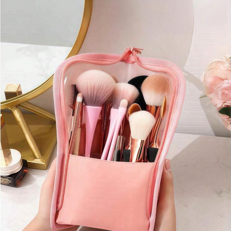 Pink Makeup Brush Case with Zipper,Transparent Pvc Waterproof Travel Makeup Brush Holder ,Portable Makeup Brush Bag, Professional Cosmetic Bag