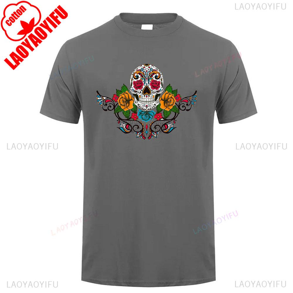 Cotton Summer Short Sleeve Mexican Skull Unisex Tee Round Neck Breathable Vintage Pattern Graphic Shortsleeved Launched Top