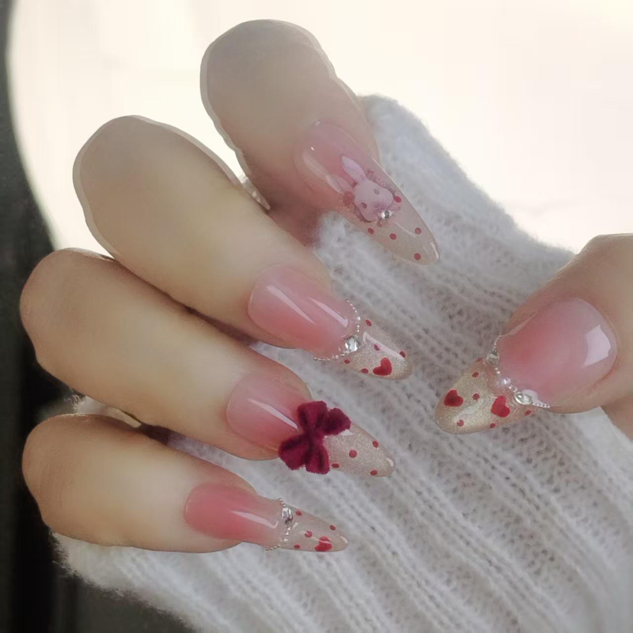 

Heartfelt Jade Rabbit Long Red Velvet Bow Nails with White Cat Eye Art Small