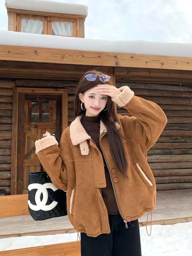 Melaleuca Plus Women's Winter 2026 Lambswool Patchwork Loose Jacket with Thickened Velvet Lapel and Long Sleeves