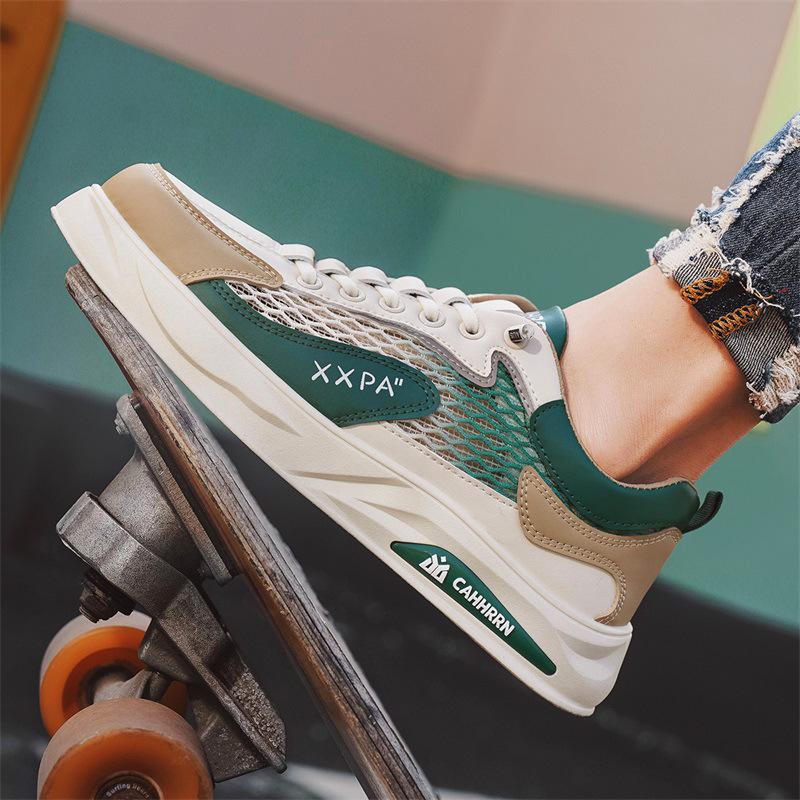 

Мужские летние низкие кеды из сетки для скейтбординга: Дышащие, Нескользящие, Повседневные кроссовки на толстой подошве 42 кремовый/зелёный