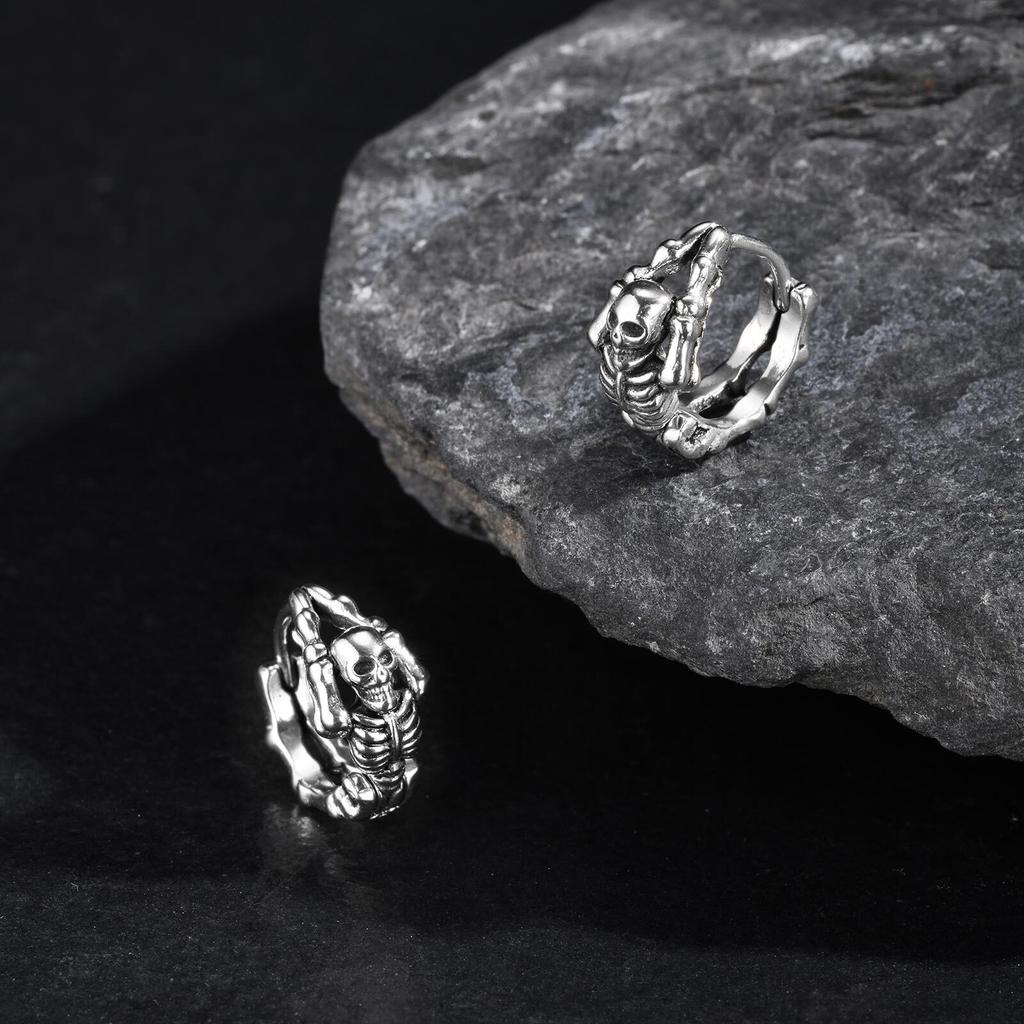 Punk Skeleton Hoop Earrings for Men,Never Fade Metal Huggies Hoop Earrings,Vintage Gothic Jewelry Gifts