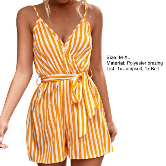 Lady Jumpsuit Sleeveless Deep V Neck Stripe Print Contrast Color Tight Waist Summer Romper Female Clothes