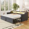 Gestoffeerd Bed Uitschuifbaar Slaapbank 90/180 x 190 cm, Multifunctioneel Opbergvak, LED-verlichting en USB-aansluiting, met Lattenbodem, Donkergrijs