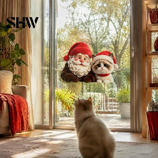Festive Window Art for Holidays Christmas Santa Claus & Cat Static Clings, PVC Waterproof Glass Stickers, Seasonal Home Decor Windows Decorative