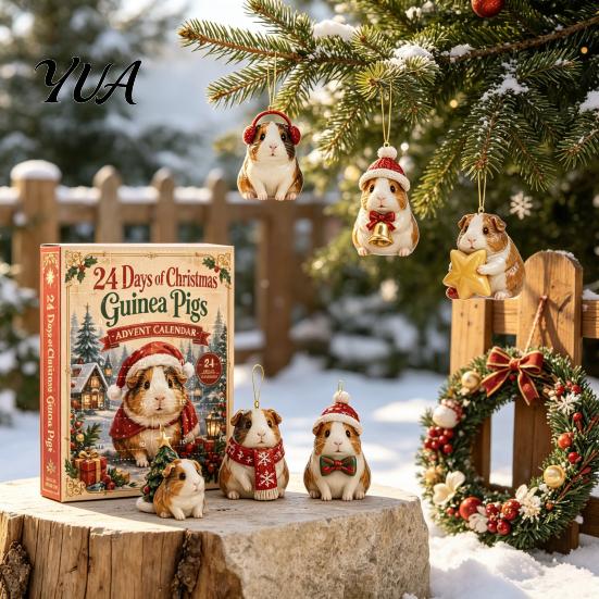 Holiday Home Decor Guinea Pig Advent Calendar, 24-Day Acrylic 2D Ornament Set with Cute Animal Figurine Christmas Outfits, Tree Hanging Decor,