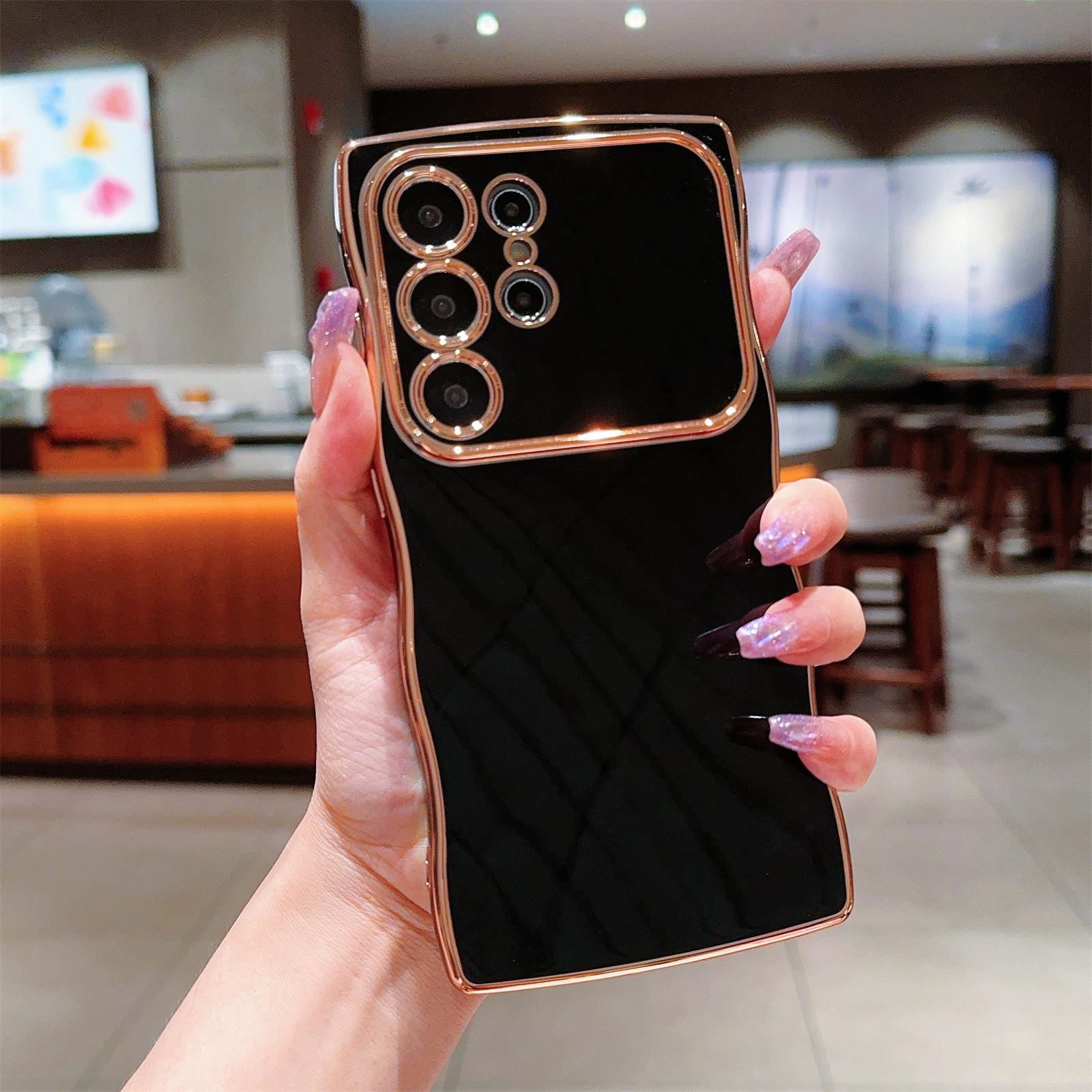 

For Samsung Galaxy S24 Ultra Case Curly Wave Frame TPU Phone Cover Electroplating Large Window Black