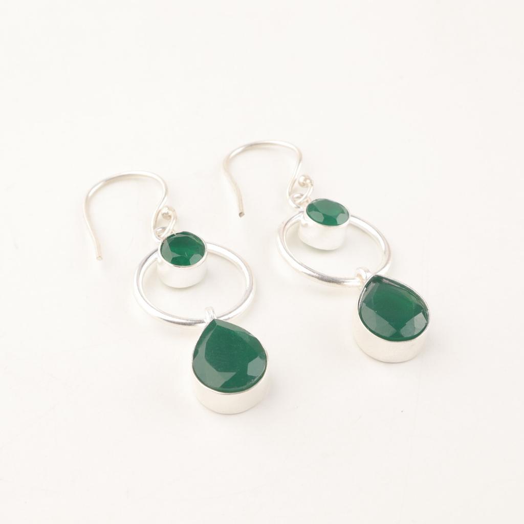 Natural Green Onyx Gemstone 925 Sterling Silver Jewelry Handmade Earrings 2.0" EE-140-9