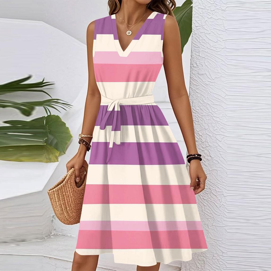 Women's Summer Fashion Loose V-Neck Sleeveless Lace-Up Striped Print Dress