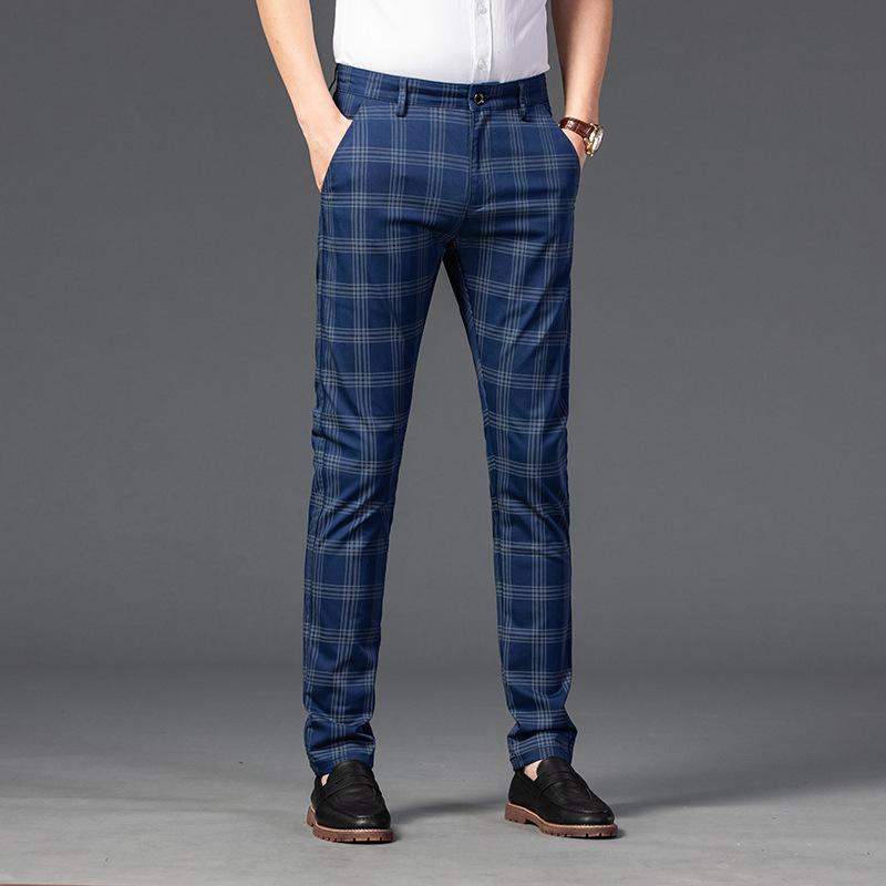 Spring/Summer Pants Men'S Casual Pants Men'S Checkered Elastic Slim Fit Versatile Business Straight Leg Pants
