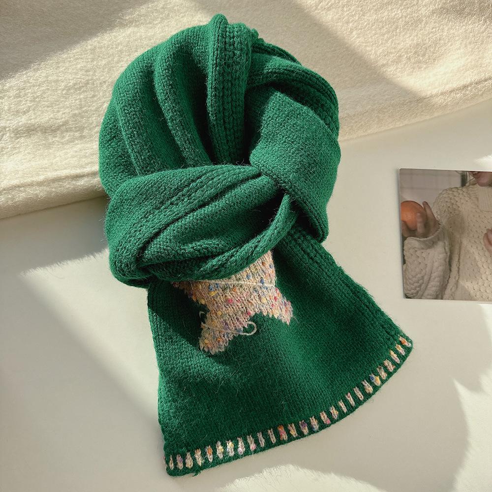 

Festive Snowflake & Stars Jacquard Knit Scarf - Warm Winter Neck Warmer, Perfect Christmas Gift for Women 140x17cm зелений