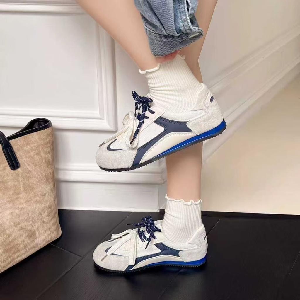 Dopamine color matching German training shoes 2025 autumn cow anti-suede mesh splicing flat-bottomed soft leather sports and leisure single shoes wom