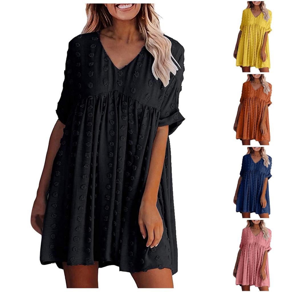 Women's Casual Fashion Short Sleeve V Neck Chiffon Color Loose Dress