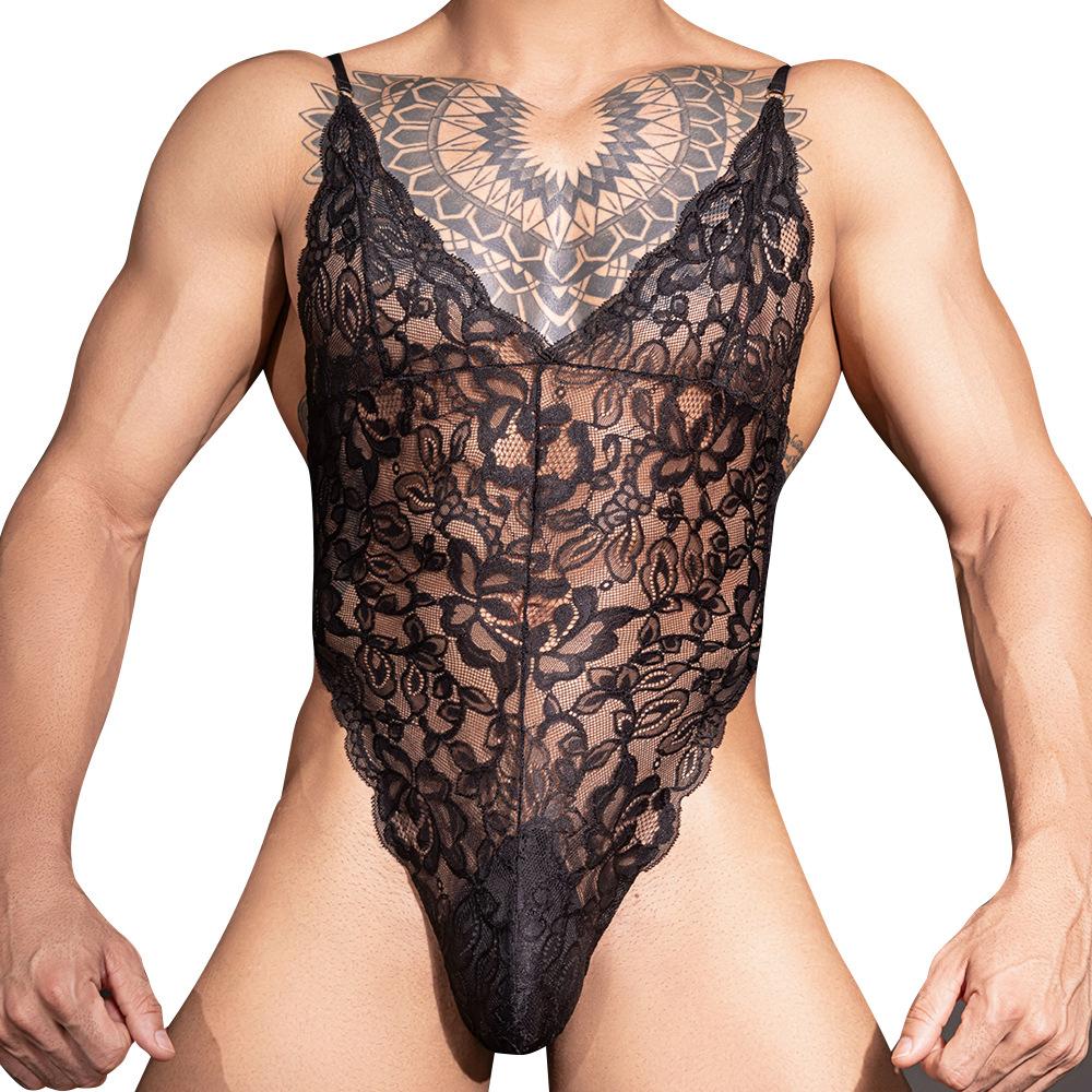 Sexy Men'S Lace Onesies Buckle Open Crotch Spaghetti Strap Bodysuit Tops Sissy Leotard Man Backless Tights See Through Allure