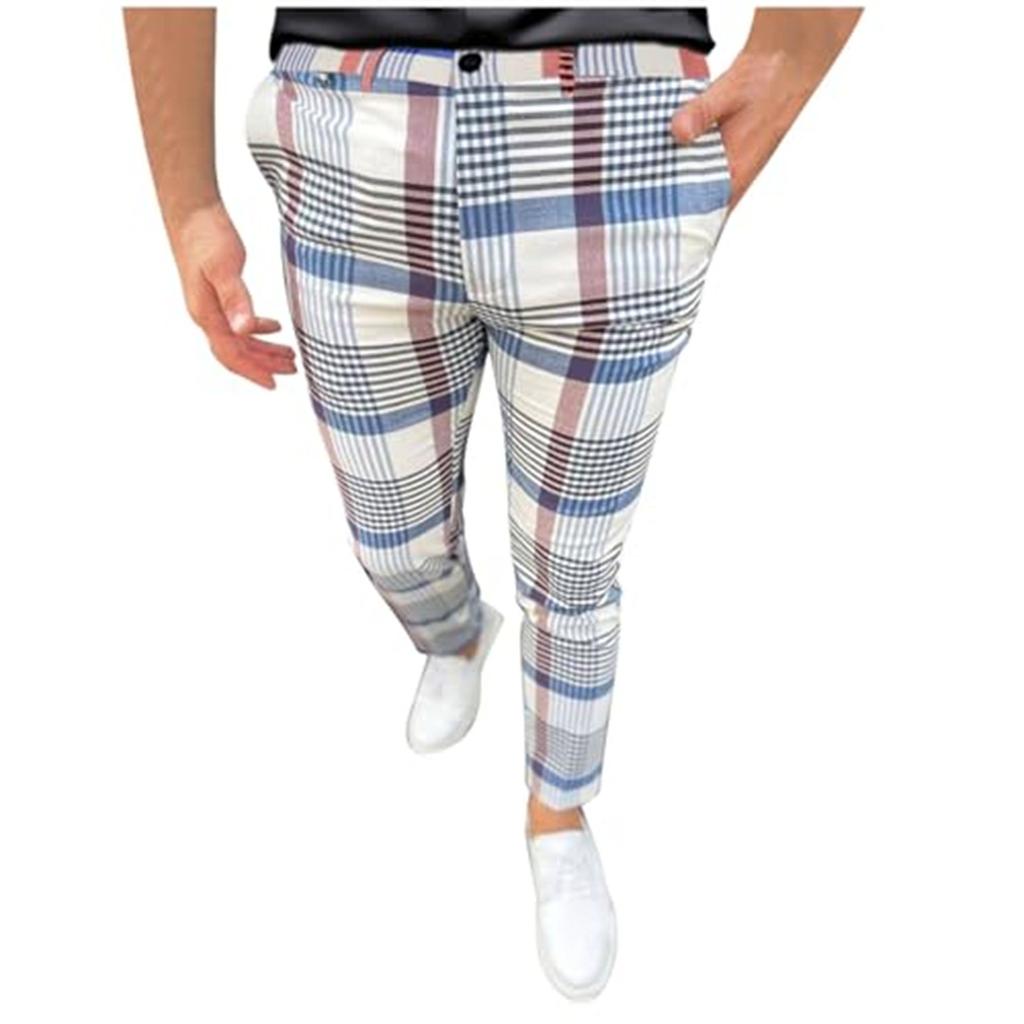 Mens Casual Fashion Multi-color Digital Print Plaid Suit Pants