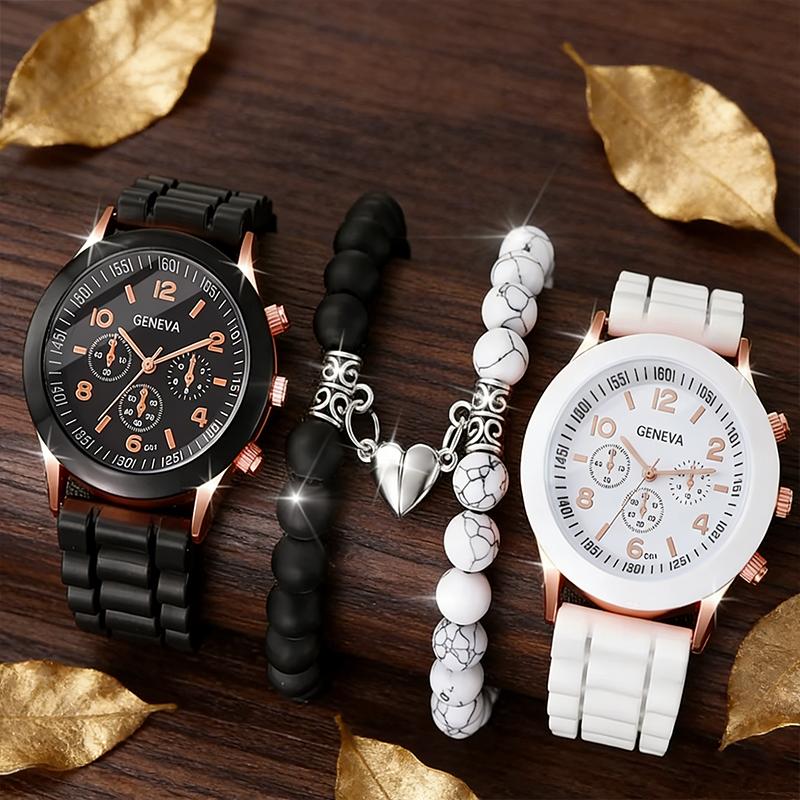 

4pcs Fashionable, Minimalist, and Versatile Men AND WOMEN S Couple Watch Pairing with Love Bead Bracelet Set