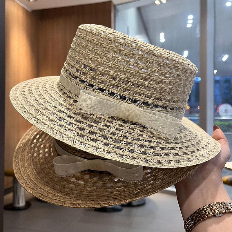 French Wide-Brimmed Straw Hat for Women Spring Summer Beach Sun Protection Cap with Elegant Bow Tie Sand Photo Shade