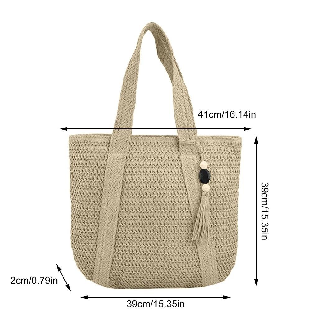 Casual Solid Color Tote Bag Large Capacity Hand Woven Shoulder Bag Tassel Pendant Square Handbag Women