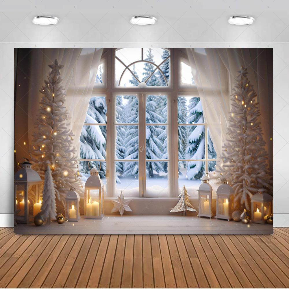 White Christmas Snow Scenery Background Xmas Tree Garland Gifts Photography Backdrop Family Xmas Party Decoration Photo Studio