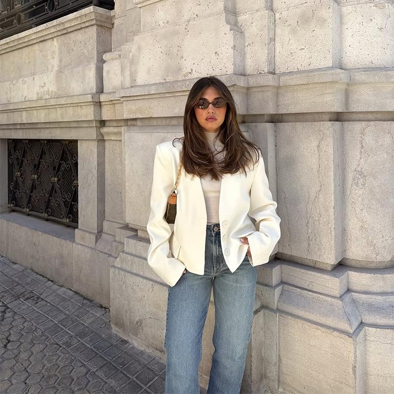 Mode Kurze Einfarbige Blazer Damen V-Ausschnitt Langärmelig Freizeitjacke Elegant Pendeln Lockerer Mantel Frühling und Sommer