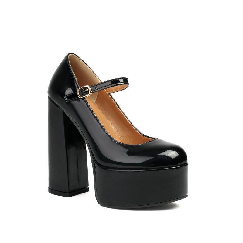 One-word women's high heels patent leather round head waterproof platform thick-soled thick heel super high heel Mary Jane women's single shoes high