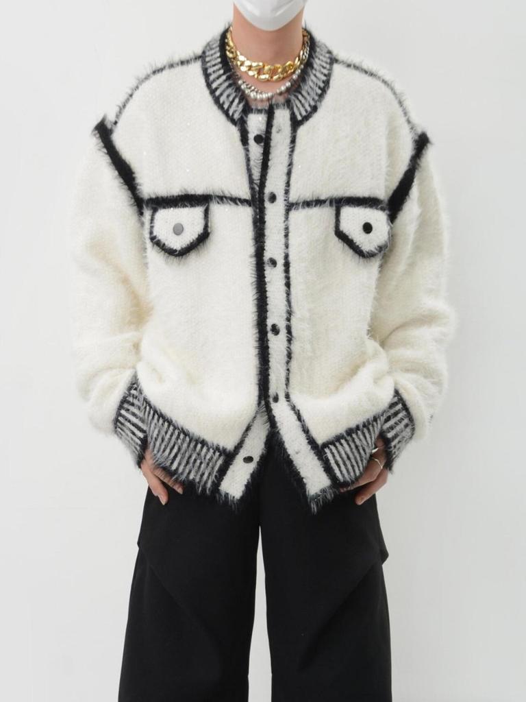 Unisex Color Block Knit Cardigan Jacket - Heavyweight Plush, Autumn/Winter Trendy Loose Fit