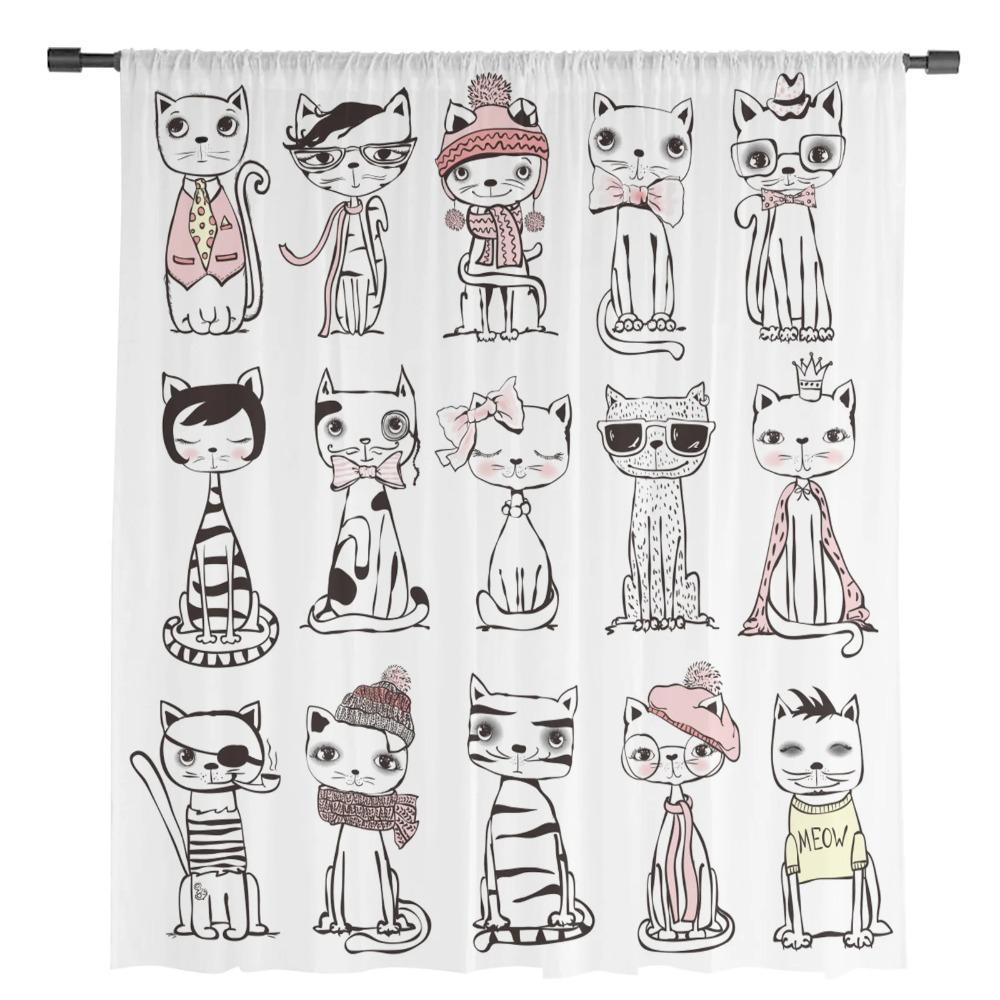 Cartoon Cat Kitty Drapes for Living Room Bedroom Kitchen Decoration Contemporary Kawaii Animal Pet Chiffon Sheer Curtain