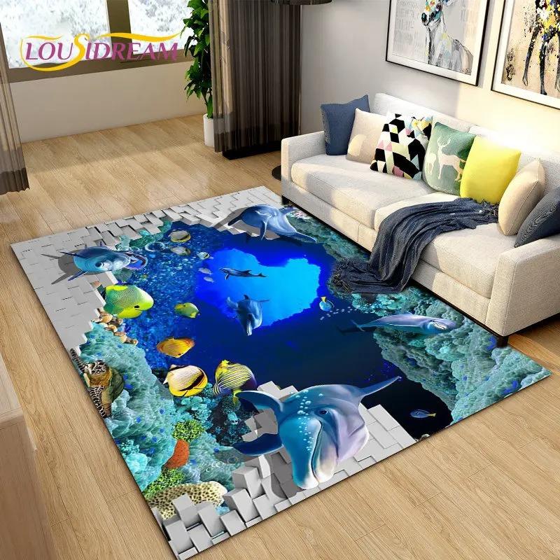 3D Carpet Seabed Illusion Underwater World Dolphin Shark Area Rug,Rug for Living Room Bedroom Sofa Doormat,Non-slip Floor Mat