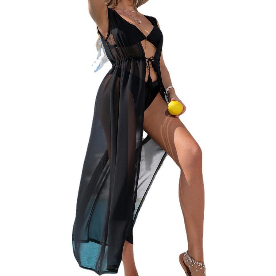 

GMXIA Длинный пляжный халат на шнуровке из шифона, солнцезащитный крем поверх бикини-кардигана Uniform size чёрный