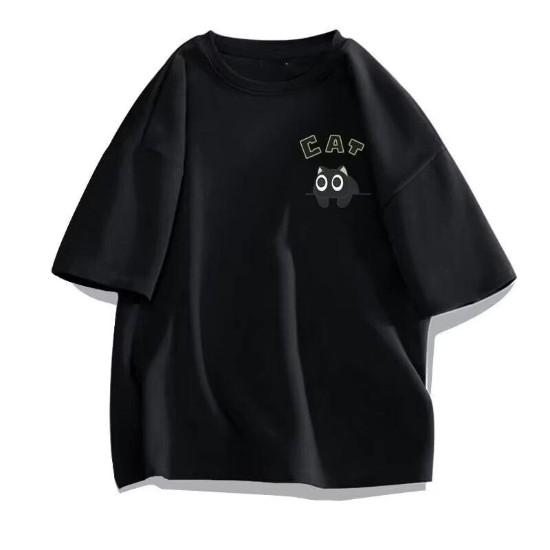 Men's Casual Oversized T‑Shirts Cute Black Cat Print Short Sleeve Tees Summer Loose Streetwear Basic Tops