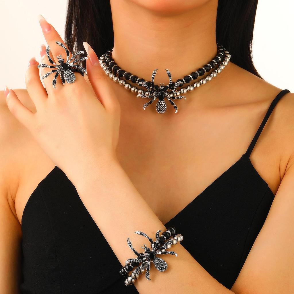 Gothic Punk Rhinestone Spider Jewelry Set for Halloween (Necklace, Bracelet, Ring) Unisex