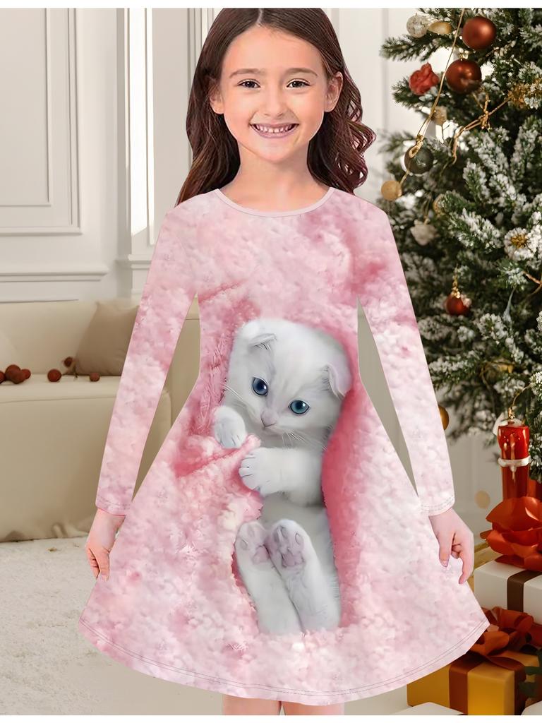 Mädchen Herbst- und Wintermode Kleid, 3D Niedlicher Katzen-Print Rundhals Lang Kinder T-Shirt Kleid, Lässig Vielseitig, Weihnachtskleidung