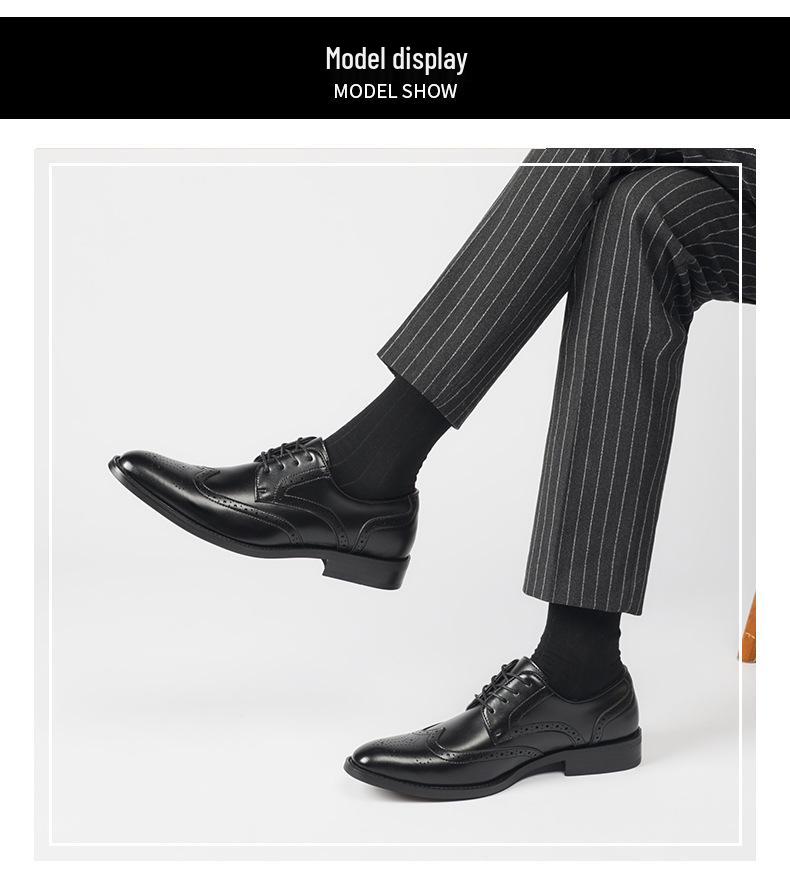 New Men's English Style Hidden Heel Derby Brogue Leather Shoes - Pointed Toe Lace-Up Design for Formal and Casual Wear