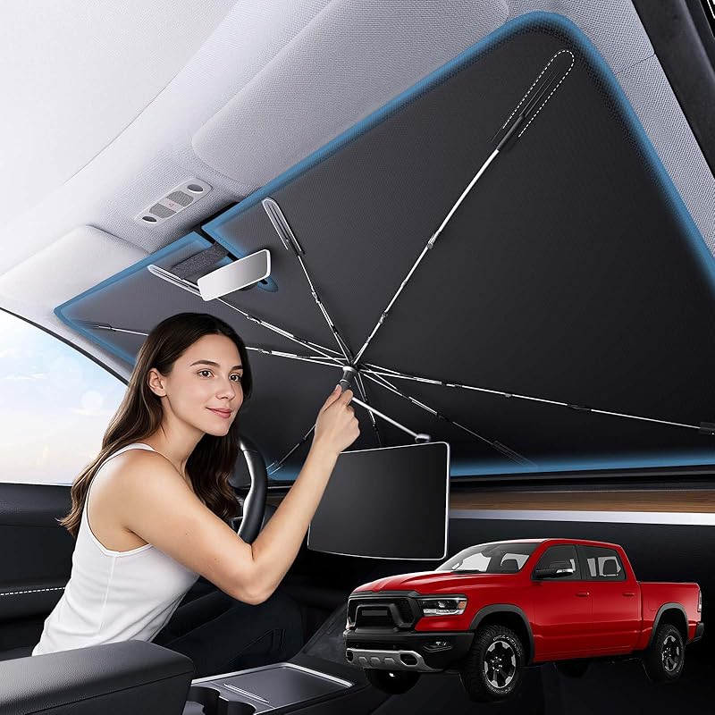 Zanch 2025 Upgraded Car Windshield Sun Shade [Cool Down By 75℉ ] With Heat Ulation Coating, Foldable Sunshade Umbrella With Flexible Handle & Ribs,