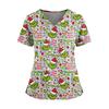 Women's Christmas Print V-Neck Double Pocket Short Sleeve  Uniform Top With Slit Hem