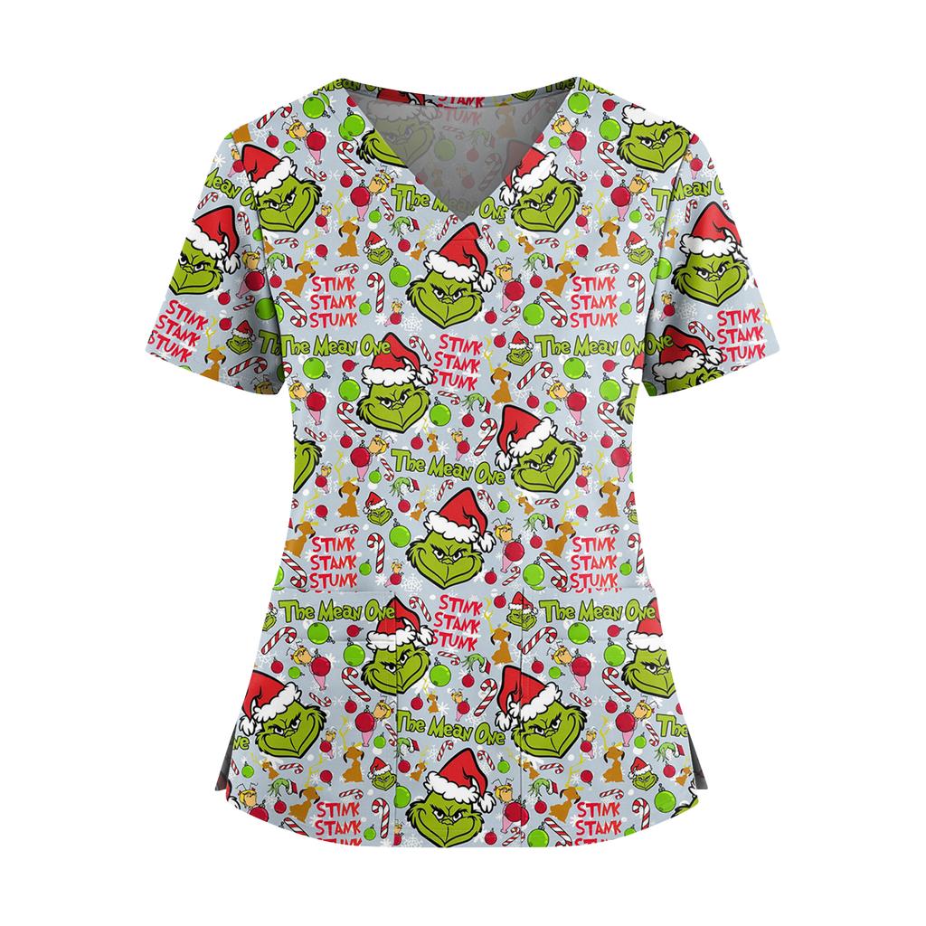 Women's Christmas Print V-Neck Double Pocket Short Sleeve Uniform Top With Slit Hem