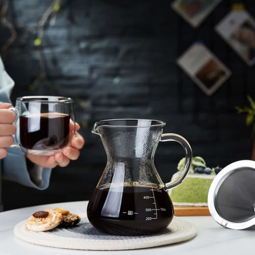 POKALOTEA Drip Coffee Server, 500ml, No Paper Coffee Filter Required, Reusable Stainless Steel Filter, Double-Layer Mesh, Microwave Safe, Graduations