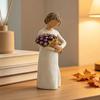 Hand Carved Portrait Sculpture Girl Holding Bouquet Resin Figurine, Faceless Lady Statue, Romantic Desktop Ornament for Cream Style Room Decor Living