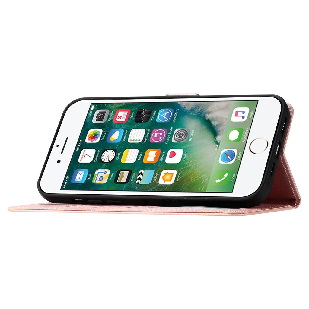 Pre iPhone 6/6s/7/8/SE (2020)/SE (2022) Stojan na telefón PU kožený kryt Hodvábna textúra Peňaženka s remienkom na zápästie