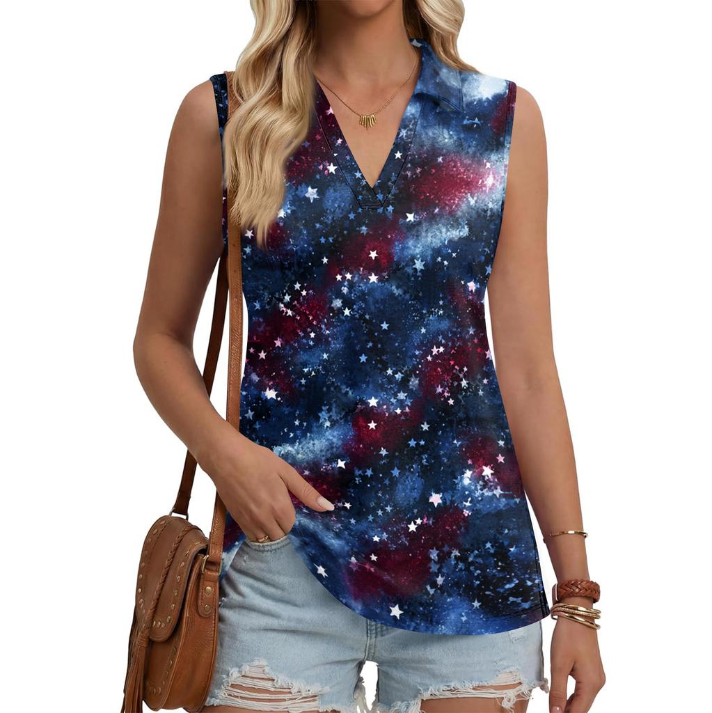 Women's Fashion Casual Lapel Sleeveless Color Shirt Women's V-Neck Up Tops