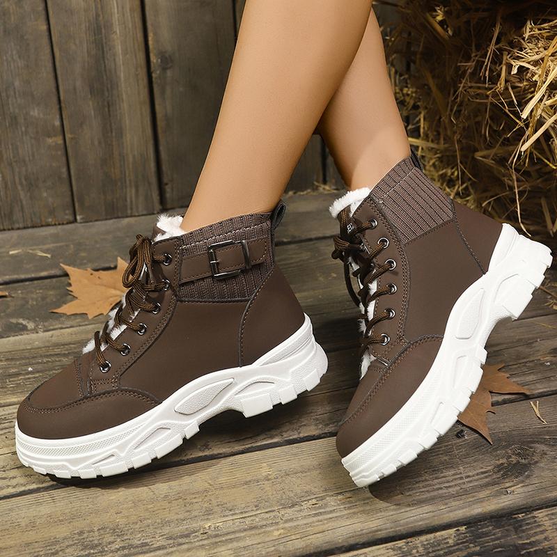 Lucyever Baskets Plateformes Chunky en Peluche Courte Femmes Grande Taille 45 Bottines à Semelle Épaisse Femme à Lacets Chaussures Rembourrées en Coton Féminines