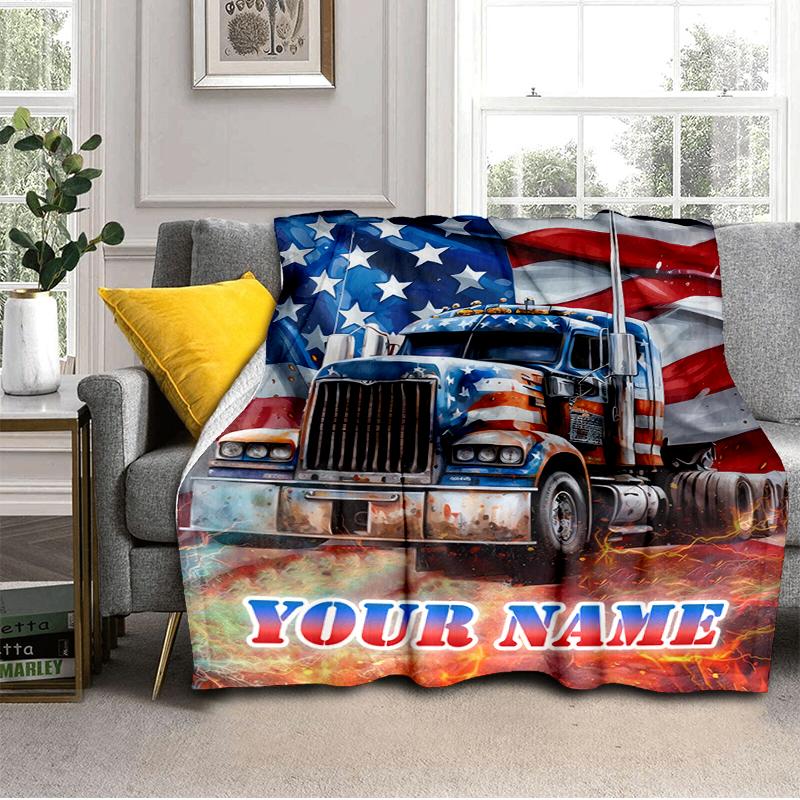 1PC Custom Name American Flag Truck Art flannel blanket versatile, all-season throw suitable for the living room, bedroom, camping, travel, and gift