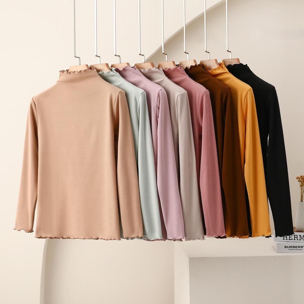 Women's Nano Fleece High Neck Ruffle Long Sleeve Warm T-shirt